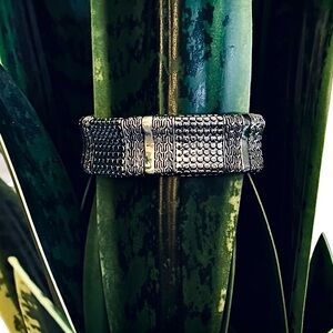 Textured Silver-Tone Stretch Bracelet Mixed Pattern Panels Chunky Bangle